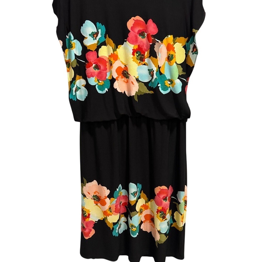 Dressbarn Womens Black Floral Blouson Sheath Dress Size‎ 12 Cap Sleeve Jersey